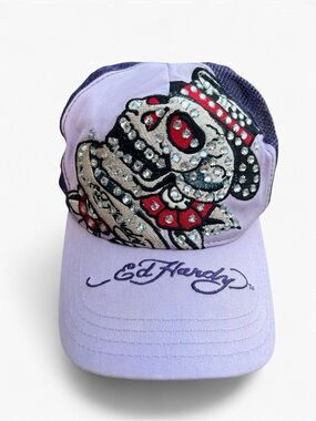 VTG Y2K Christian Audigier Ed Hardy Skull Rhinestone Trucker Hat Purple